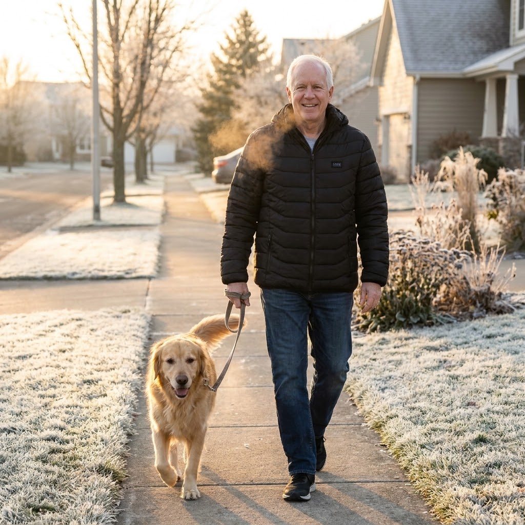 Man walking his dog on a frosty morning in the heated jacket