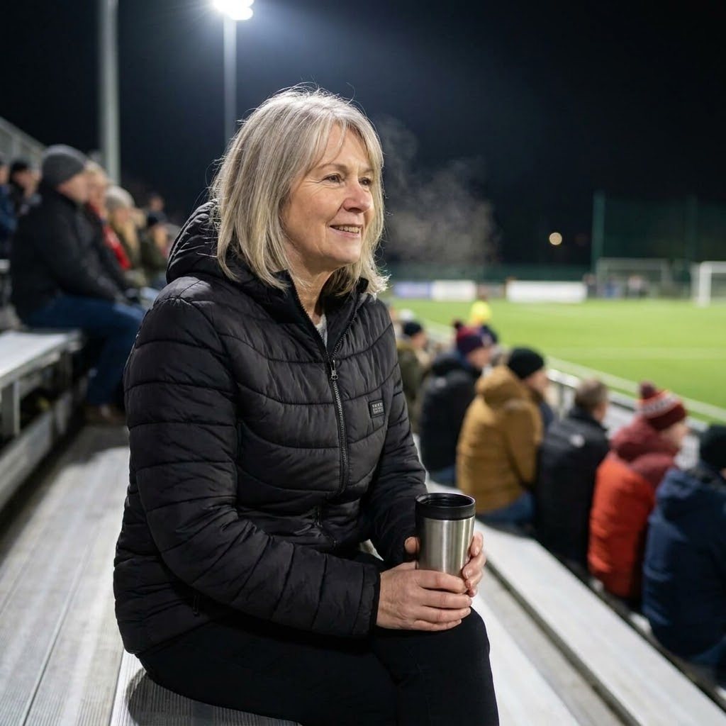 Woman staying warm on the bleachers at a night game in the heated jacket