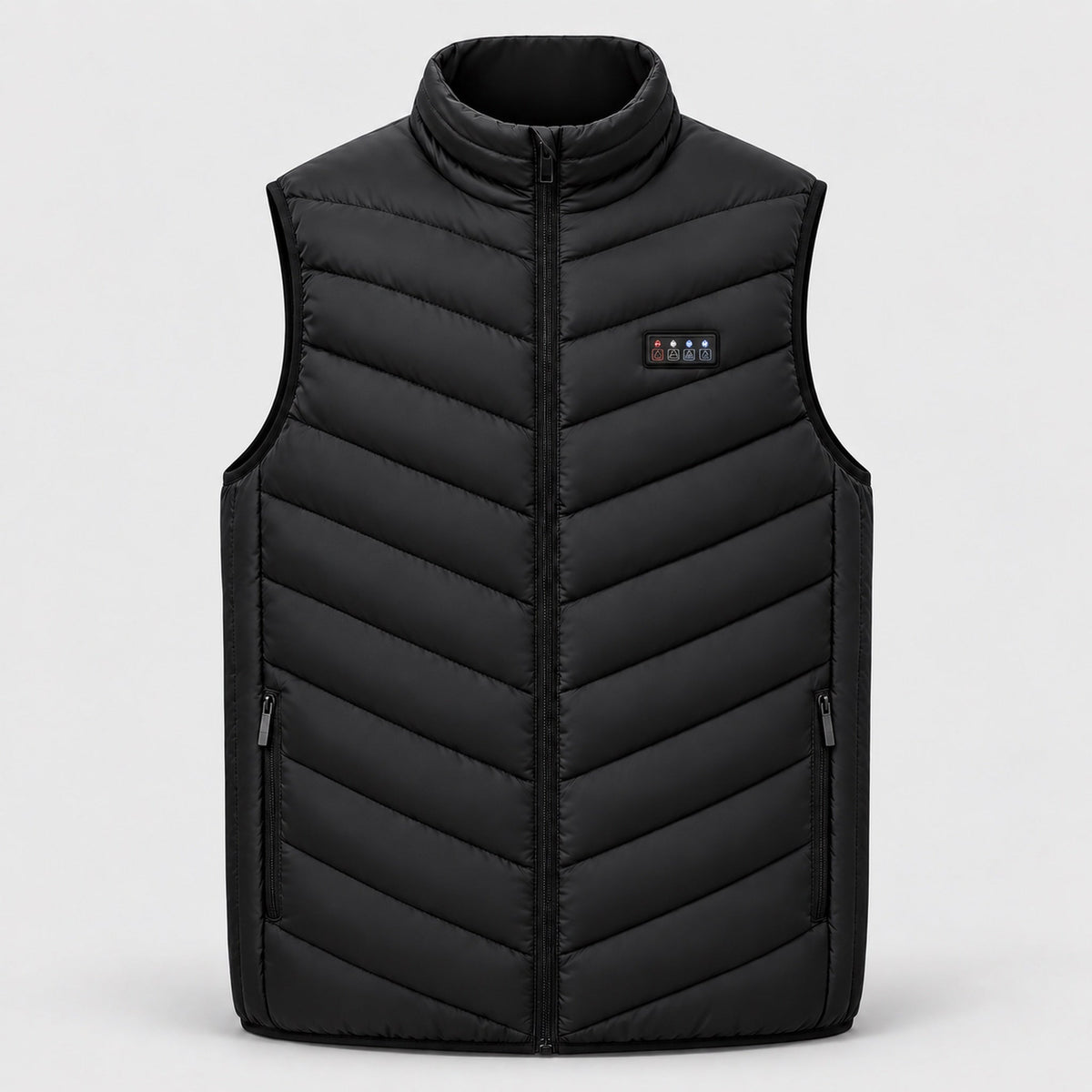 Black heated vest with 25 heating zones, front view