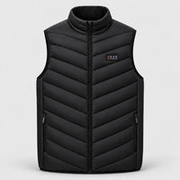 Black heated vest with 25 heating zones, front view