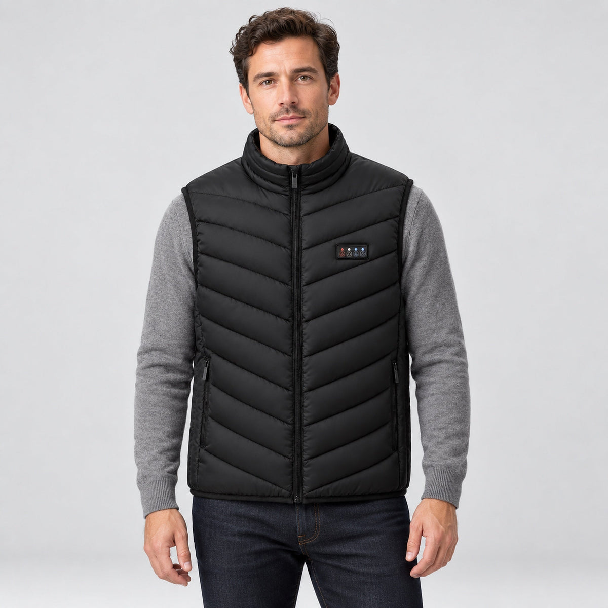 Man wearing the black heated vest, front