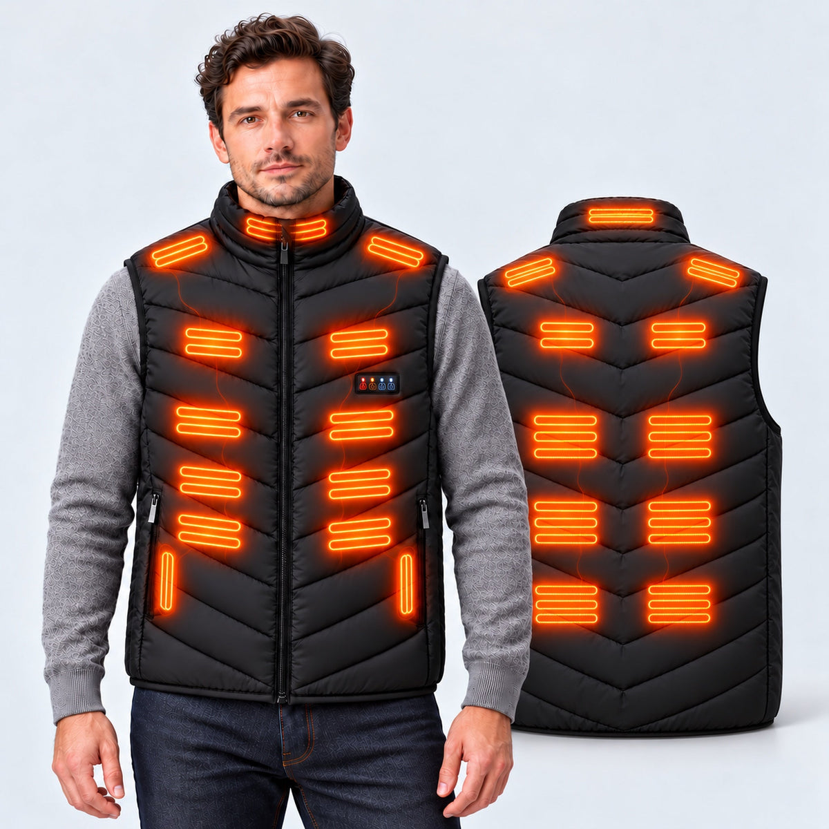 Man wearing the black heated vest with heating zones glowing on the front, shown with the back view