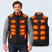 Man wearing the black heated vest with heating zones glowing on the front, shown with the back view