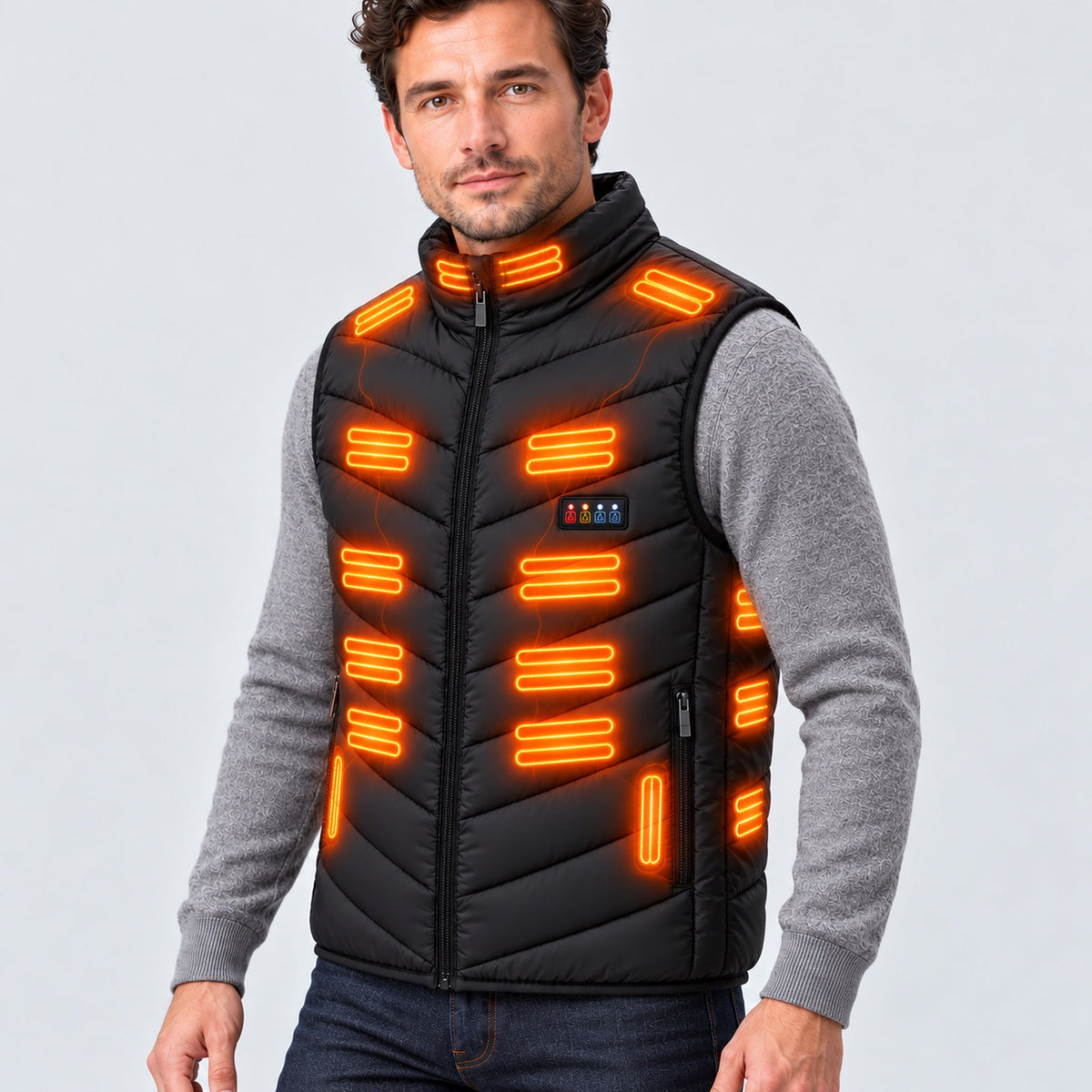 Heated vest worn by a man, three-quarter view with heating zones glowing