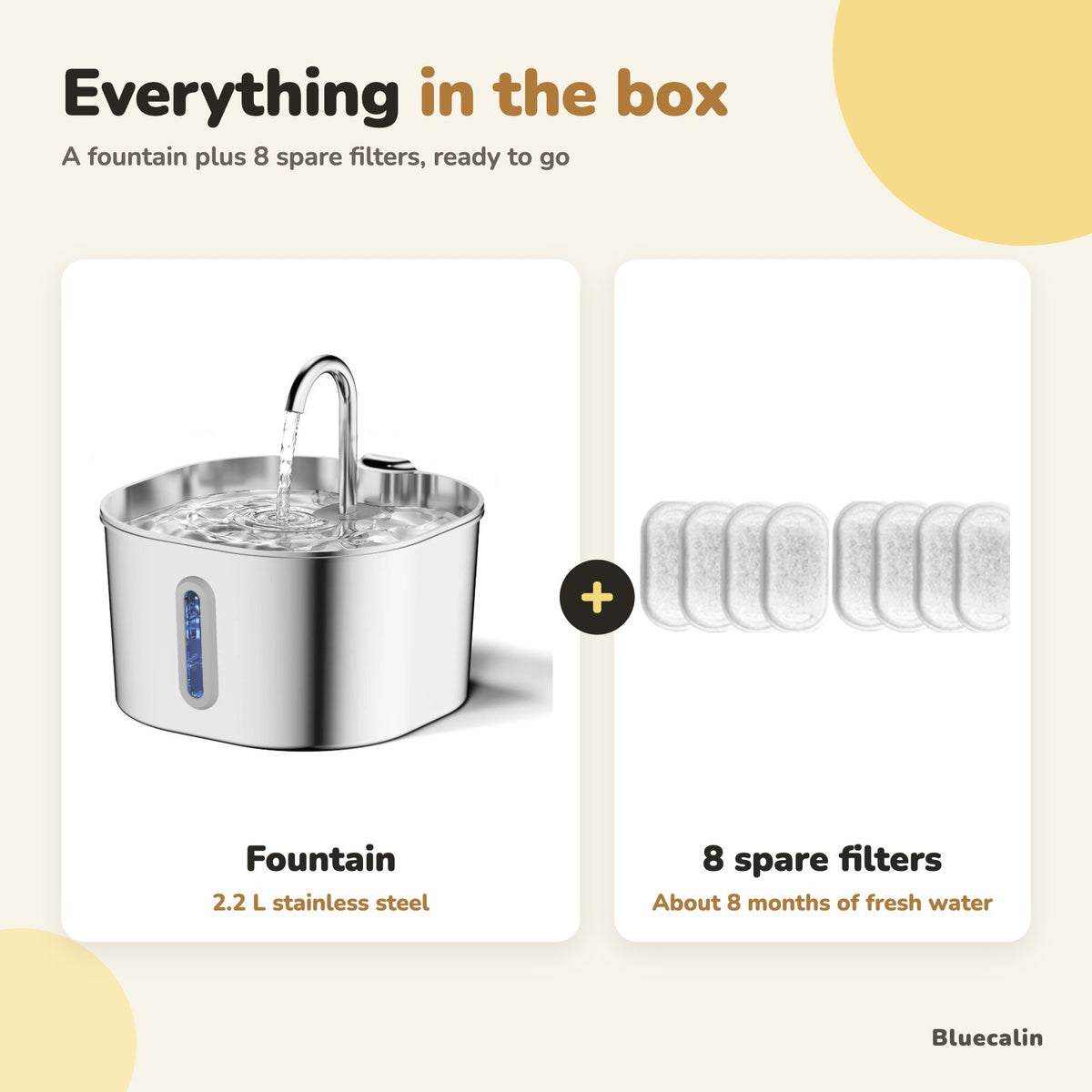 Water fountain with 8 spare filters in the box